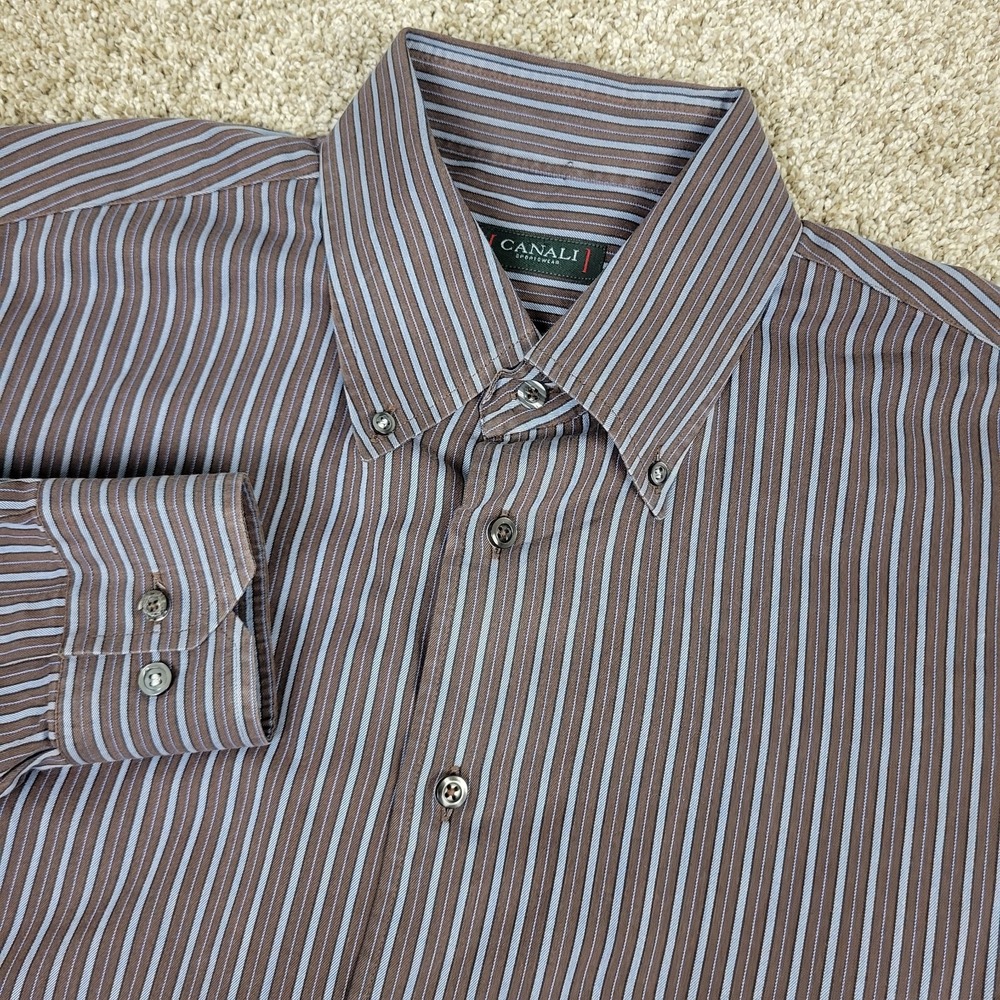 Canali Sportswear Mens XL Brown Blue Striped Button Down Long Sleeve